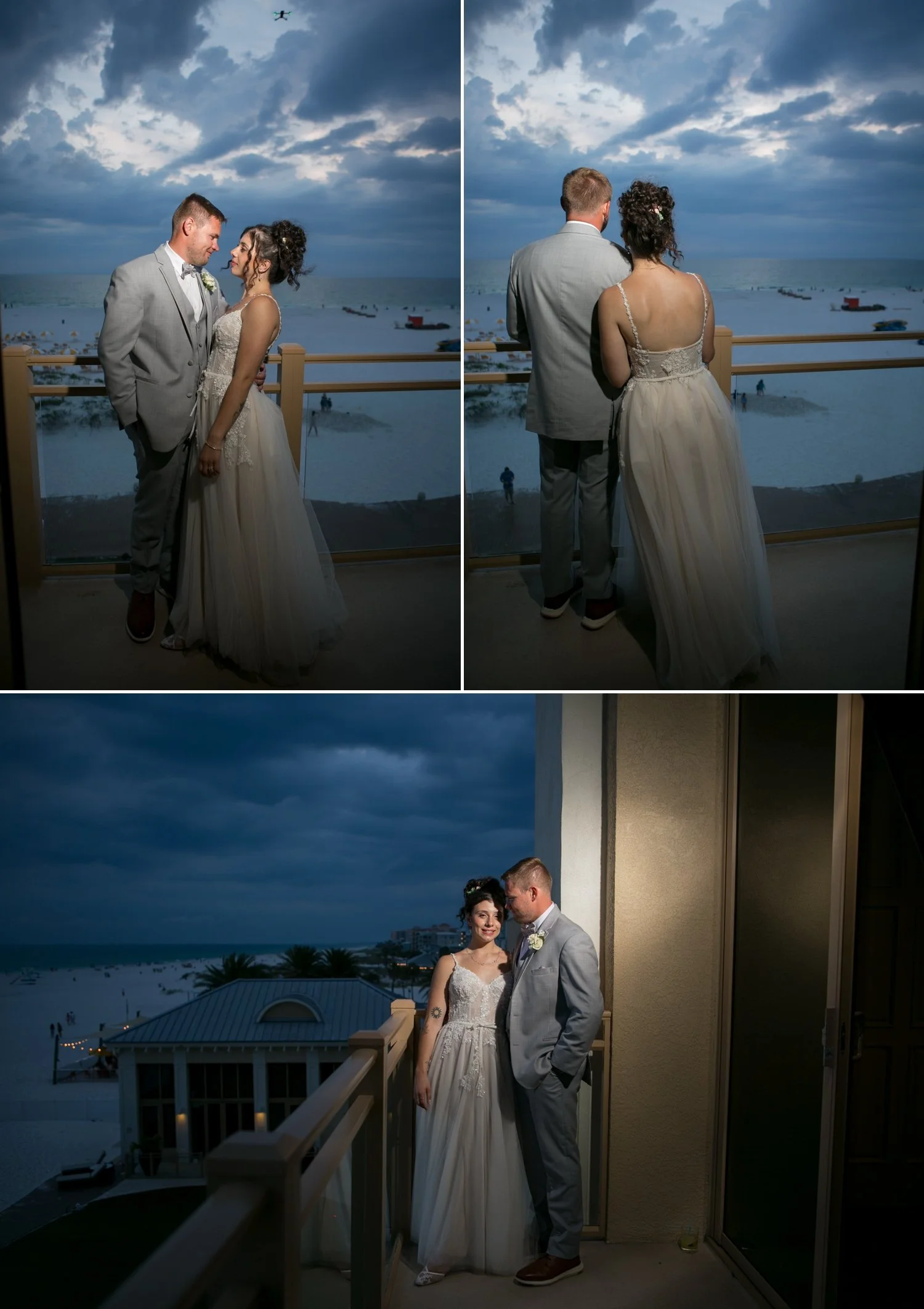 bride and groom on the balcony outside their reception at sand pearl during sunset