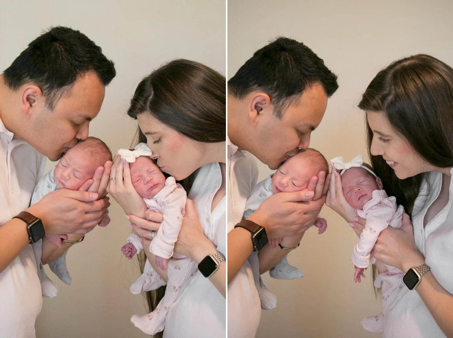 Parents holding boy girl twins forehead to forehead Tampa newborn photographer