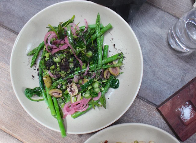 asparagus, green olive, red onion, spinach, tarragon