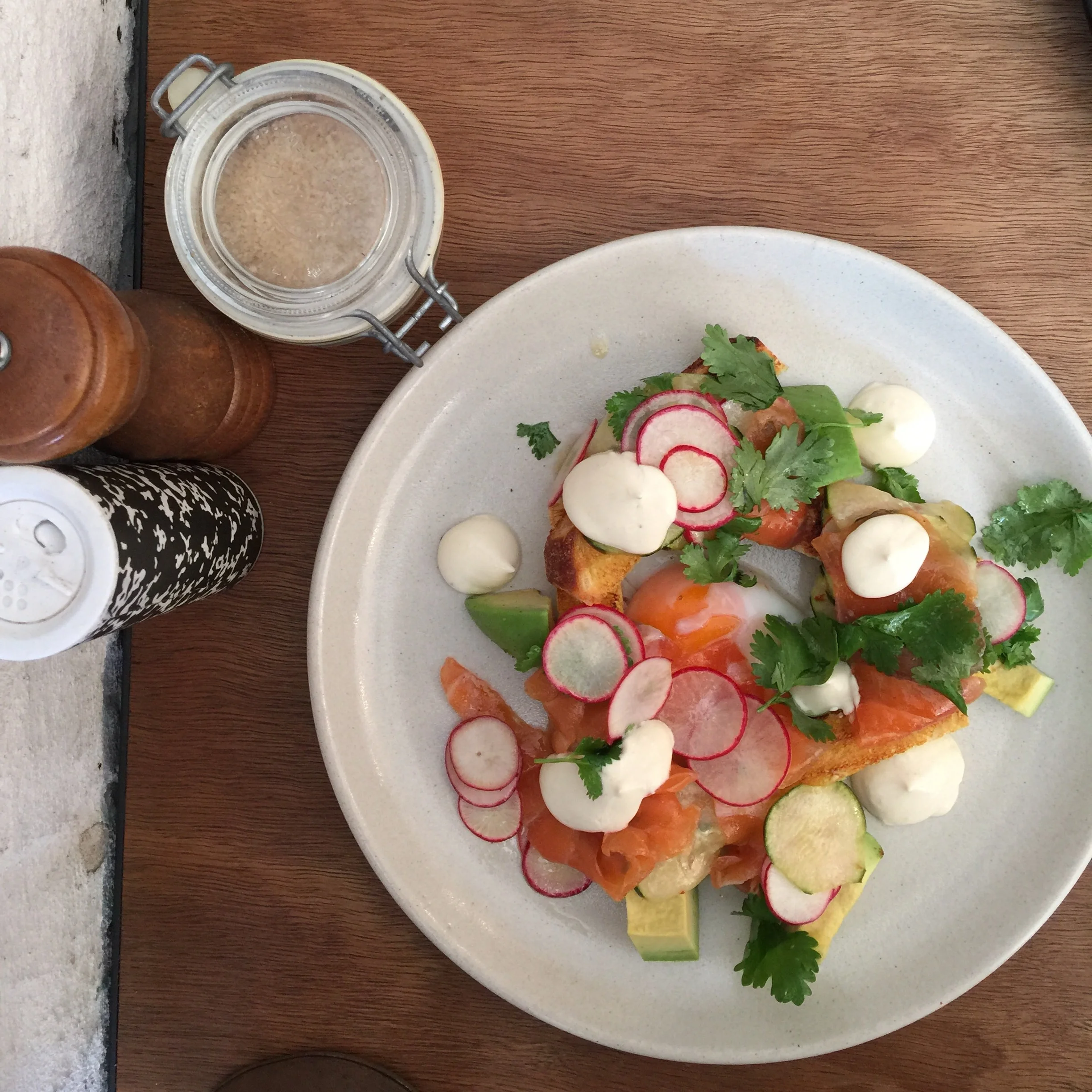 Mescal cured salmon slow egg avocado jalapeño lime toast 