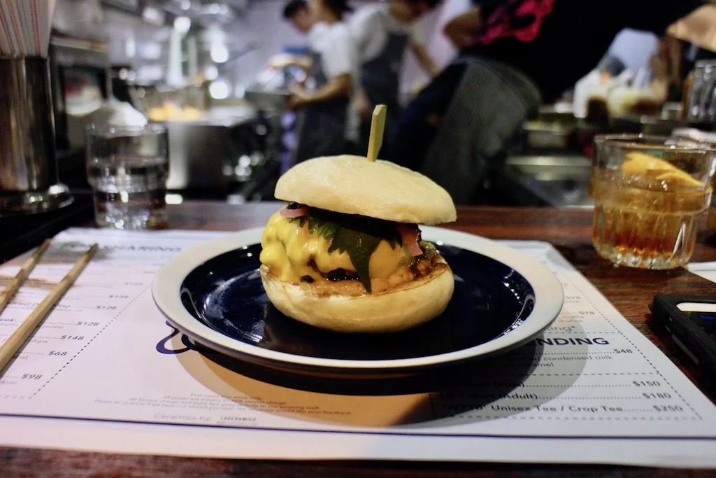 Beef: grass-fed organic beef, tomato, jam, roasted onion, sesame mayo, shiso, cheddar cheese