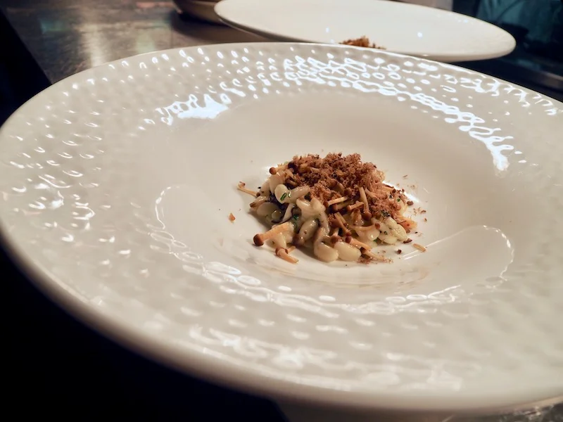Risoni 'risotto', pickled golden enoki, broccolini creme fraiche, mushroom floss