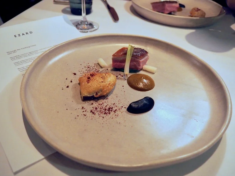 Chinese style duck, tempura eggplant, young lotus root, fermented chilli dressing, spring onion
