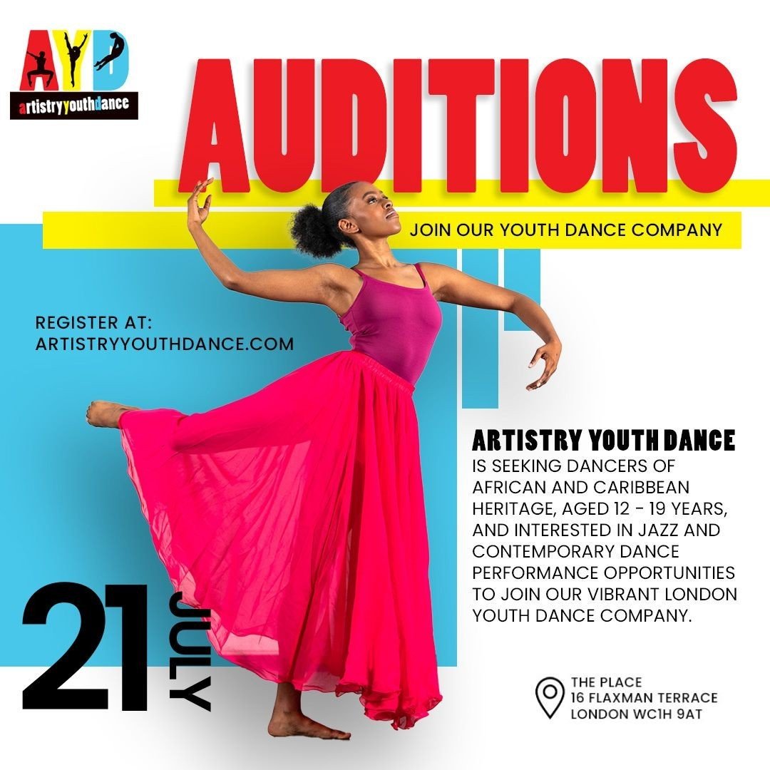 Audition Registrations Open Now!⁠
⁠
Artistry Youth Dance hosts auditions once a year to recruit dancers, aged 12 - 19 years, from African and Caribbean Heritage for our Junior and Senior Companies.⁠
⁠
Sunday 21 July 2024⁠
The Place, 16 Flaxman Terrac