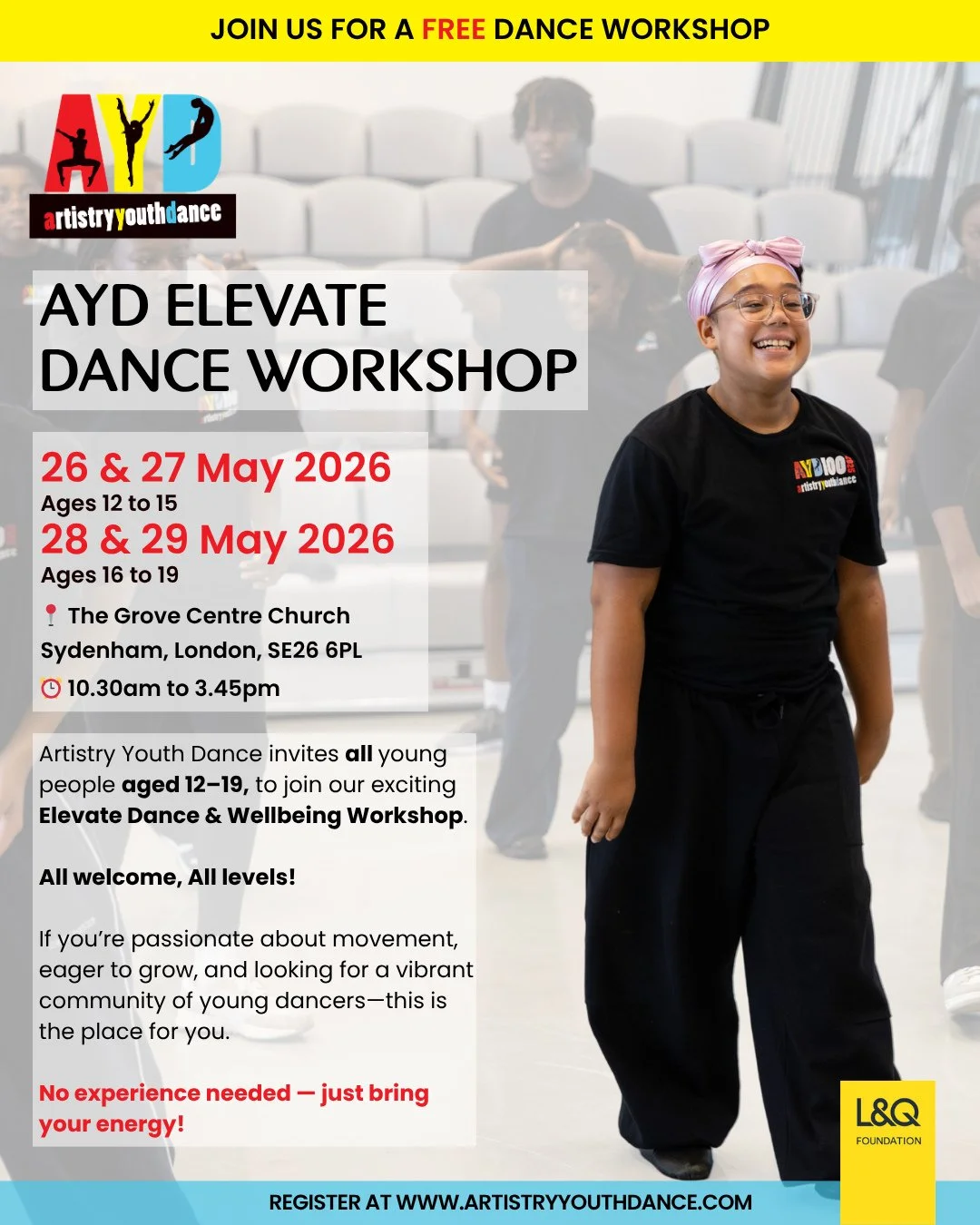 🔥 AYD ELEVATE FREE DANCE &amp; WELLBEING WORKSHOP ⁠
Ready to MOVE, CREATE and BUILD YOUR CONFIDENCE? ⁠
⁠
Young people aged 12 to 19 &mdash; all welcome, all levels &mdash; this space is for YOU. ⁠We are particularly interested in connecting with L&a