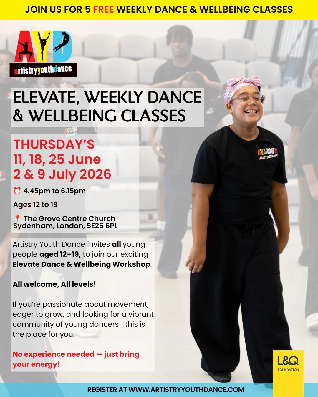 🔥 AYD ELEVATE FREE WEEKLY DANCE &amp; WELLBEING CLASSES ⁠
Ready to MOVE, CREATE and BUILD YOUR CONFIDENCE? ⁠
⁠
Young people aged 12 to 19 &mdash; all welcome, all levels &mdash; this space is for YOU. ⁠We are particularly interested in connecting wi