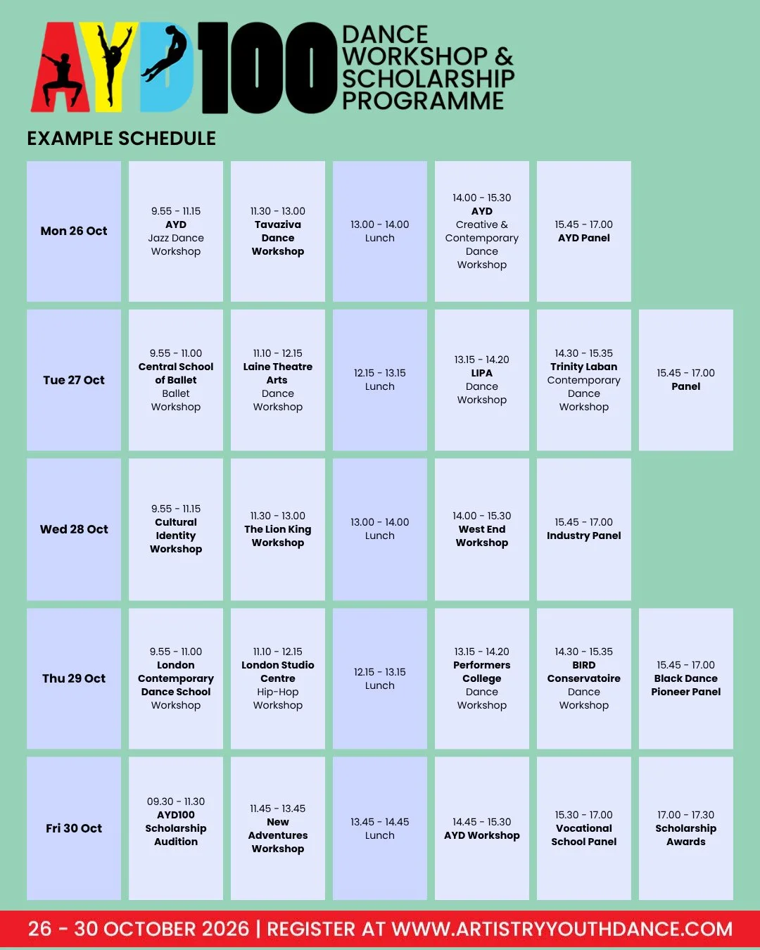 AYD100 CHECK OUT THE SCHEDULE! 🔥⁠
⁠
Are you aged 12-19 and passionate about dance? Join us for the AYD100 Dance Workshop &amp; Scholarship Programme this October in London for 5 incredible days of training, inspiration, industry insight, and scholar