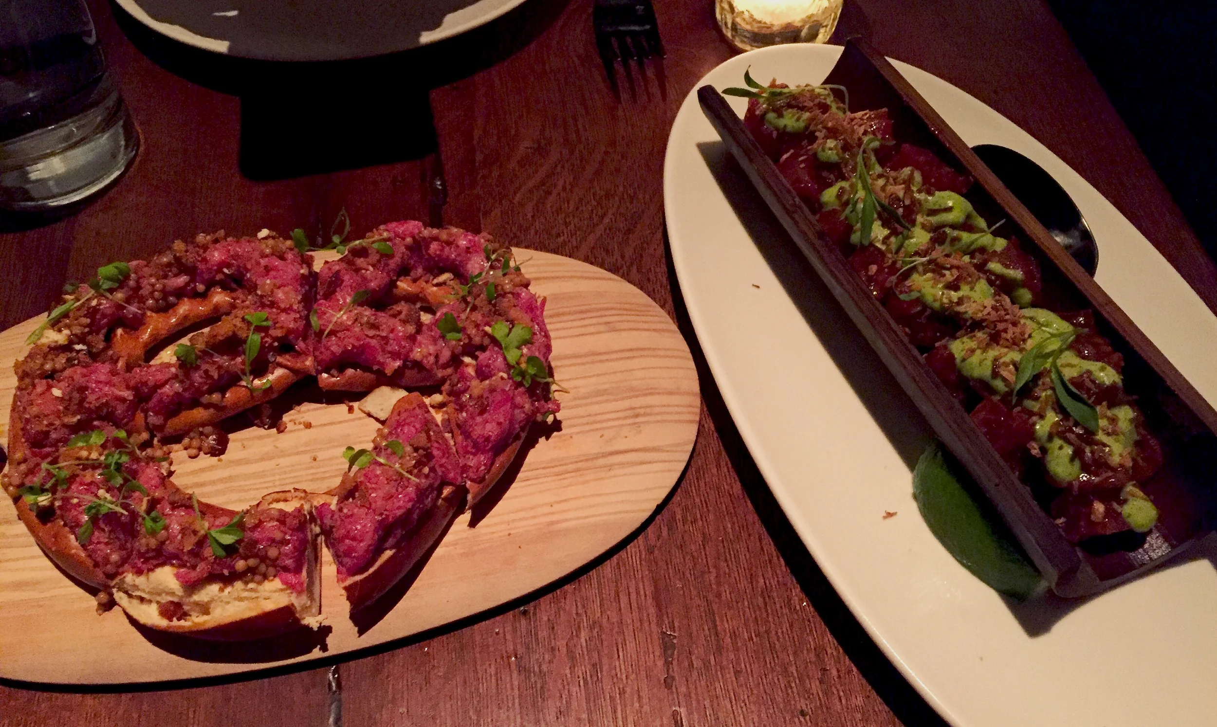Steak Tartare on a Pretzel (left), Tuna Crudo (right)