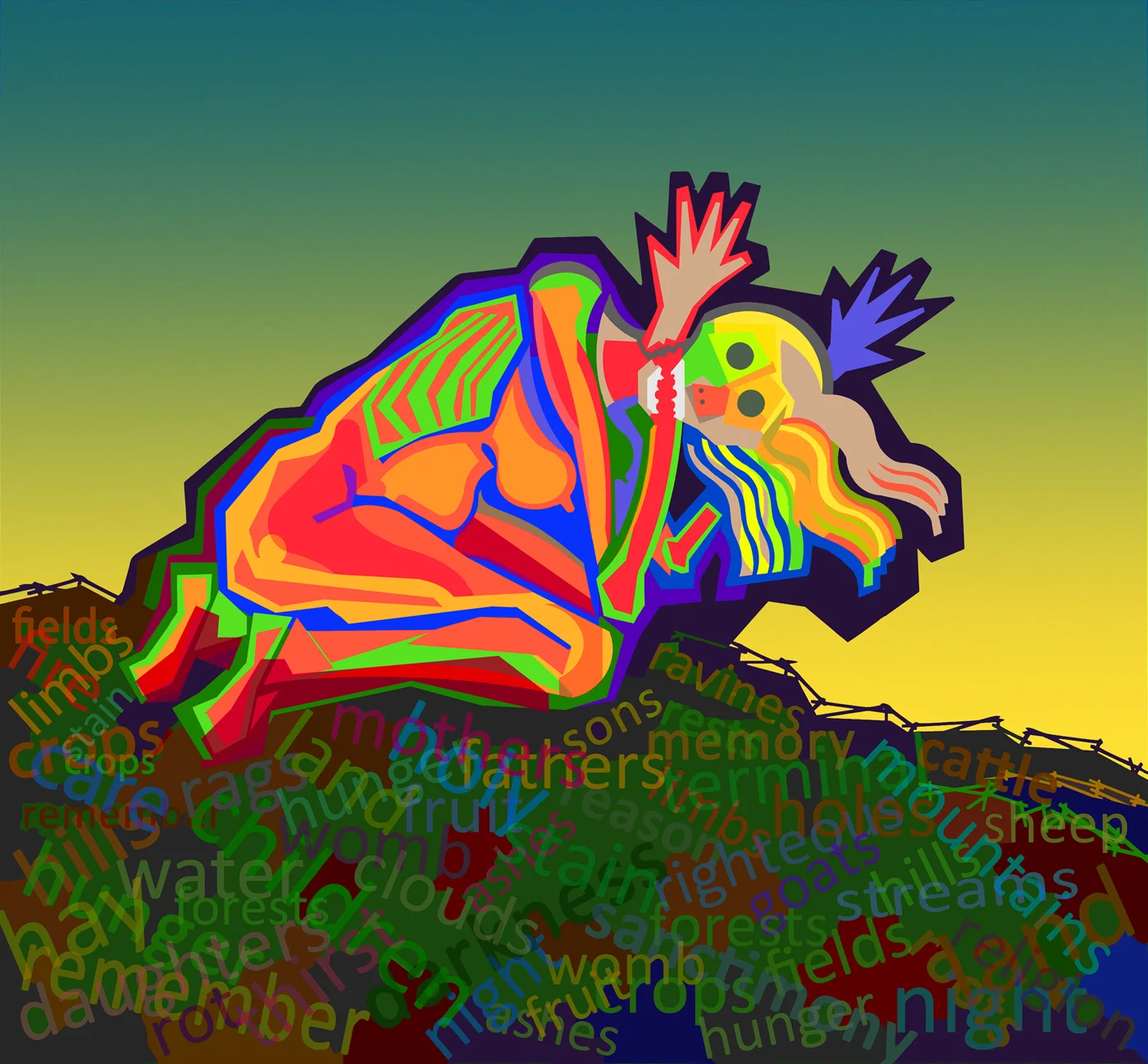 Anguished Wom an on a Field of Words computer generated, image 24" x 19" on 30" x 24 " somerset velvet price on request edition of 5