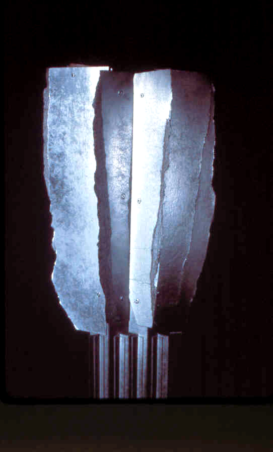 Detail: Construction #3, Cactus Figure cardboard, aluminum spray paint 47" x 14" x 7", 1/10/1986 collection of the artist