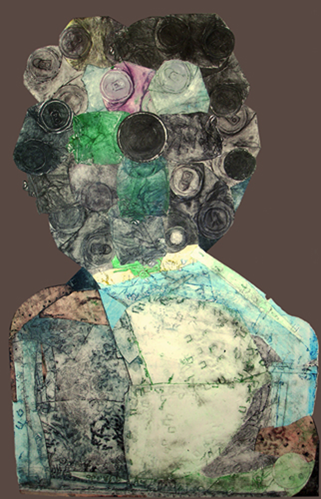 Personage #6, Can Head collagraph and collage, 40" x 27" (1994) price on request, giclee prints available
