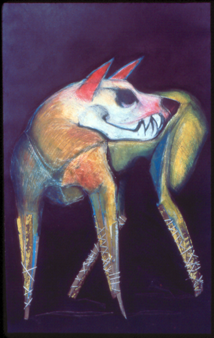 Dog #1 , with wood monoprint, caran'd'ache. ink, approx. 18" x 27" collection of the artist 