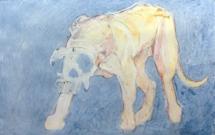 Yellow Dog on Blue Field , Ghost Image monoprint, image: 27" x 17", giclee available price on request