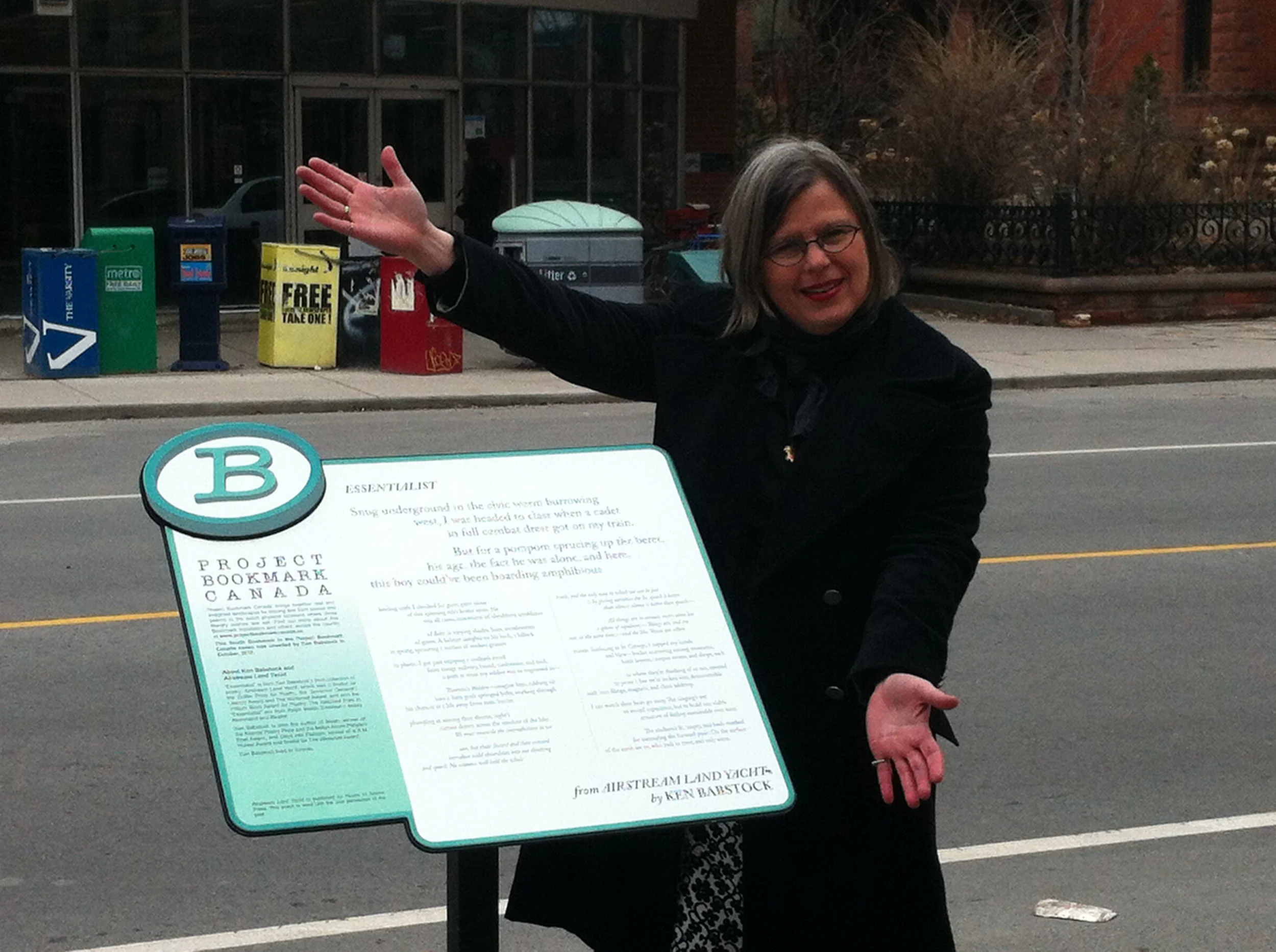 Kathryn at the Bookmark for Ken Babstock's "Essentialist" at St. George and Bloor streets, in Toronto.