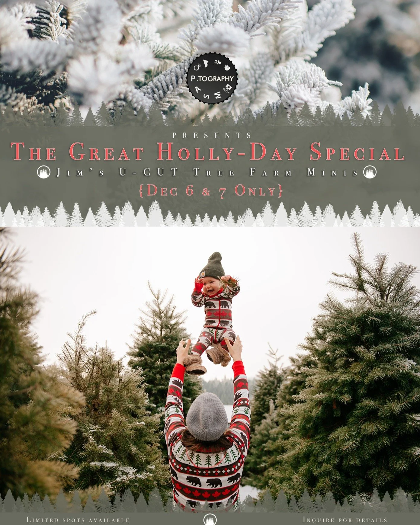 As part of the Great Holly-Day Special, P.Tography will be at Jim's U-Cut Tree farm for a special mini-session event on Dec 6 &amp; 7.

For this particular event, we will be taking food donations for the food bank. The more items you bring, the more 