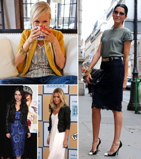 photo credits: top left - The Look 4 Less ; right - Spirited Route ; bottom middle - Elle ; bottom left - StyleBistro