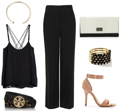 Leopard raffia logo belt by Tory Burch. Black satin top by H&M. Wide leg linen pants by Havren, from John Lewis. Sandals by Pour La Victoire. Snake-embossed clutch by BCBG Max Azria. Woven cuff by Banana Republic. Gold nail spike collar necklace by Giles & Brother, from Neiman Marcus.