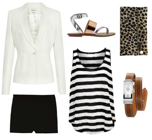 Foldover clutch by Clare Vivier. Off-white blazer by Reiss. Twill micro shorts by Theory. Striped tank by Mango. Silver and copper sandals by Loeffler Randal, from Piperlime. Wrap watch by Hermes.