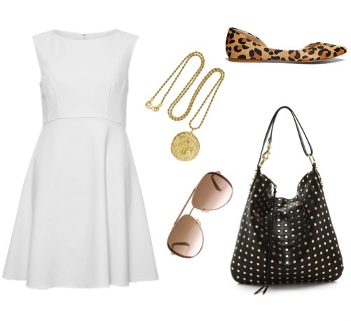 Flats by Steve Madden. Flare dress by French Connection. Studded hobo bag by Rebecca Minkoff, from Shopbop. Gold-plated pendant necklace by Kenneth Jay Lane. Aviator sunglasses by MICHAEL Michael Kors.