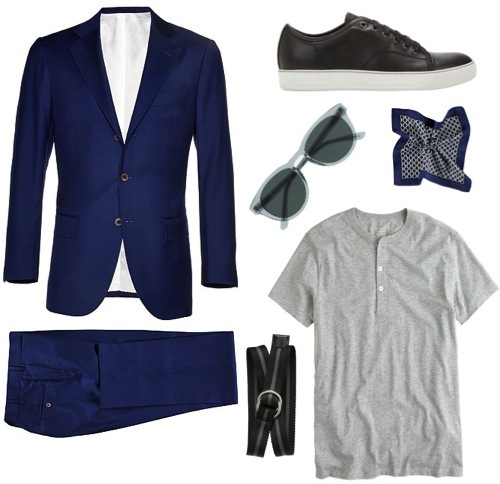 Navy suit , pocket square by Suitsupply. Henley by J. Crew. Striped belt by Banana Republic. Sunglasses by Han Kjøbenhavn for J. Crew. Black leather sneakers by Lanvin.