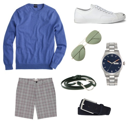 Cotton/cashmere crewneck sweater by J. Crew. Grey check shorts by Reiss. Navy suede belt by Suitsupply. Aviator sunglasses by Ray-Ban for J. Crew. Watch by Jack Spade. Leather hook bracelet by Miansai. Jack Purcell leather sneakers by Converse.