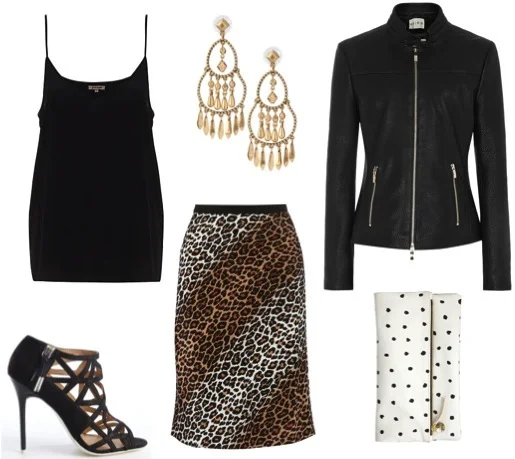 Leopard print silk skirt by Elizabeth and James, from Net-a-porter. Cropped leather jacket by Reiss. Silk camisole by Jigsaw, from John Lewis. Black cage sandals by L.A.M.B., from Bluefly. Foldover clutch by Clare Vivier. Earrings by Stella & Dot.