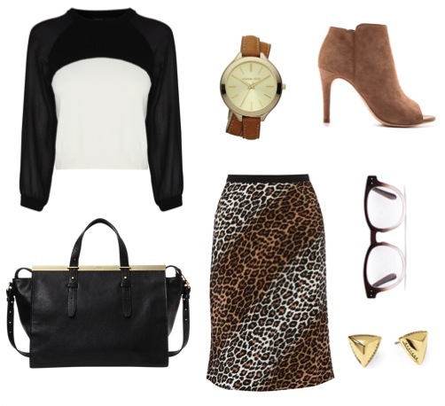 Leopard print silk skirt by Elizabeth and James, from Net-a-porter. Color block cropped sweater by Karen Millen. Open-toe booties by Joie, from Shopbop. Satchel by Kate Spade Saturday. Pyramid stud earrings by House of Harlow 1960, from Piperlime. Double-wrap watch by Michael Kors. Wine-colored eyeglasses by Madewell.