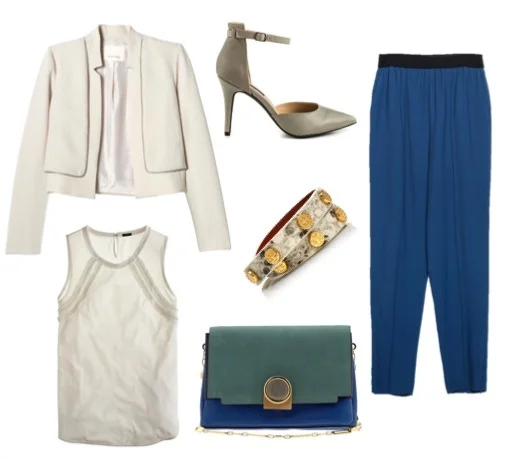 High-waist trousers by Zara. Cropped double layer jacket by Rebecca Taylor. Cotton/organza tank by J. Crew. Grey ankle-strap heels by Mojo Moxy. Color block bag by Pour La Victoire. Double-wrap stud bracelet by Tory Burch.
