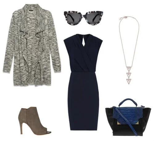 Space-dye cardigan by Theory. Draped navy dress by Reiss. Suede booties by Joie. Blue and black satchel by Danielle Nicole. Rose gold pave necklace by Stella & Dot. Sunglasses by Warby Parker.