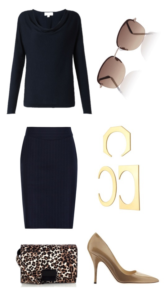 Cowl-neck sweater by Jigsaw. Pinstripe pencil skirt by Reiss. Nude patent heels by Kate Spade New York, from Piperlime. Sunglasses , bag by Karen Millen. Geometric cuff set by J. Crew.