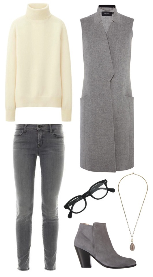 Cashmere turtleneck sweater by Uniqlo. Sleeveless wool coat by Karen Millen. Skinny jeans by J Brand, from MatchesFashion. Suede ankle boots by Barney’s New York. Stone drop pendant by Jigsaw. Eyeglass frames by J. Crew.