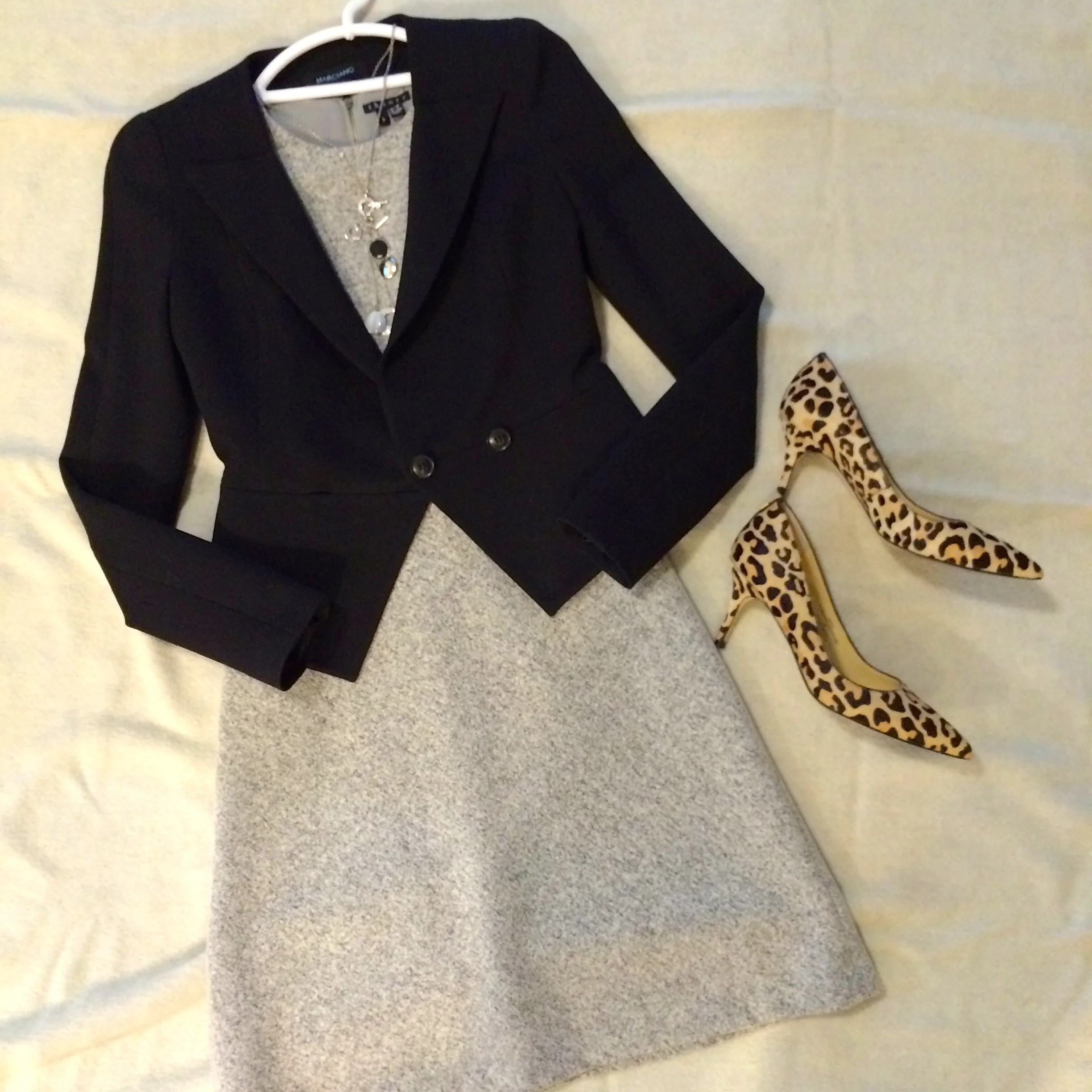 Grey wool dress by Theory. Cheetah print heels by Ivanka Trump.