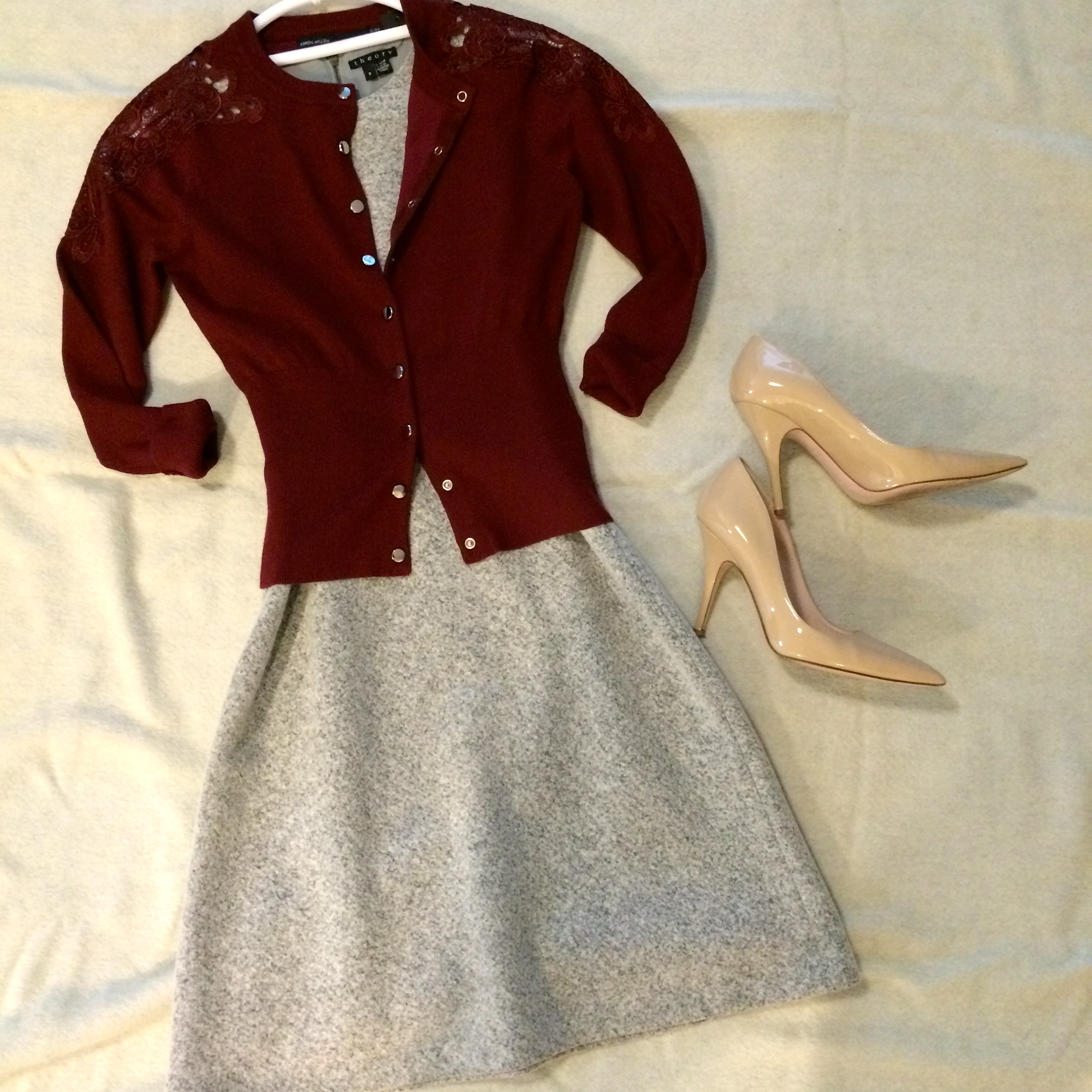 Lace trim cardigan by Karen Millen. Nude patent heels by Kate Spade.