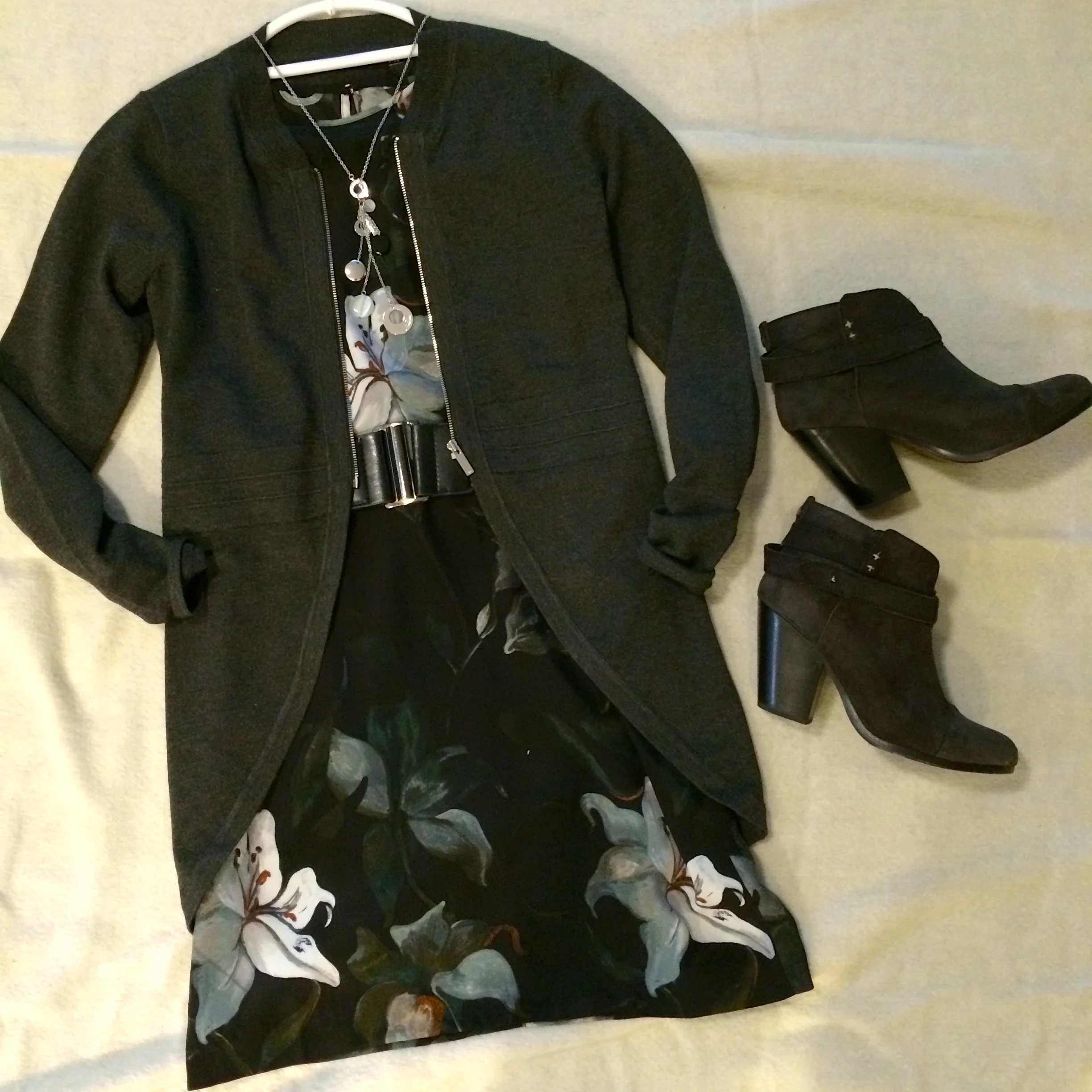 Long zip cardigan by Karen Millen. Black booties by Rag & Bone.