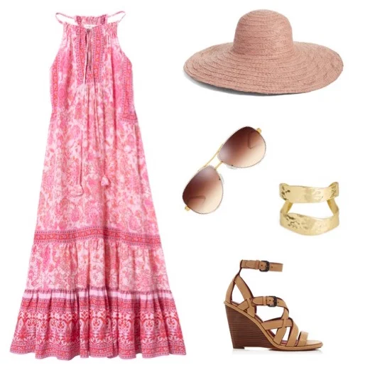 Print midi dress by Rebecca Taylor. Rose straw hat by Nordstrom. Leather stacked-heel wedge by Coach. Gold cuff bracelet by Karine Sultan. Aviator sunglasses by Tory Burch.