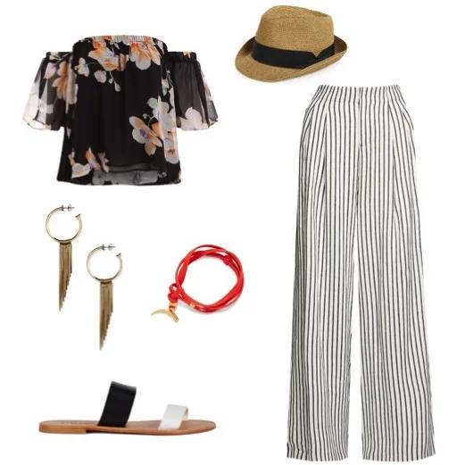 Floral print off-the-shoulder top by Romwe. Cream and black striped pants by Alice and Olivia. Slip-on sandals by Joie. Fringe hoop earrings by Rebecca Minkoff. Leather wrap bracelet by Tory Burch. Straw fedora by Nordstrom.