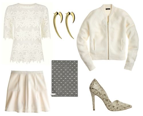 This look is from a previous blog post , where I extolled the virtues of shades of white in winter. I love how this look combines large scale lace with a boiled wool jacket, accented by a studded clutch and metallic snake-print heels. It's very girly, but with a dose of edge, and I just love that!