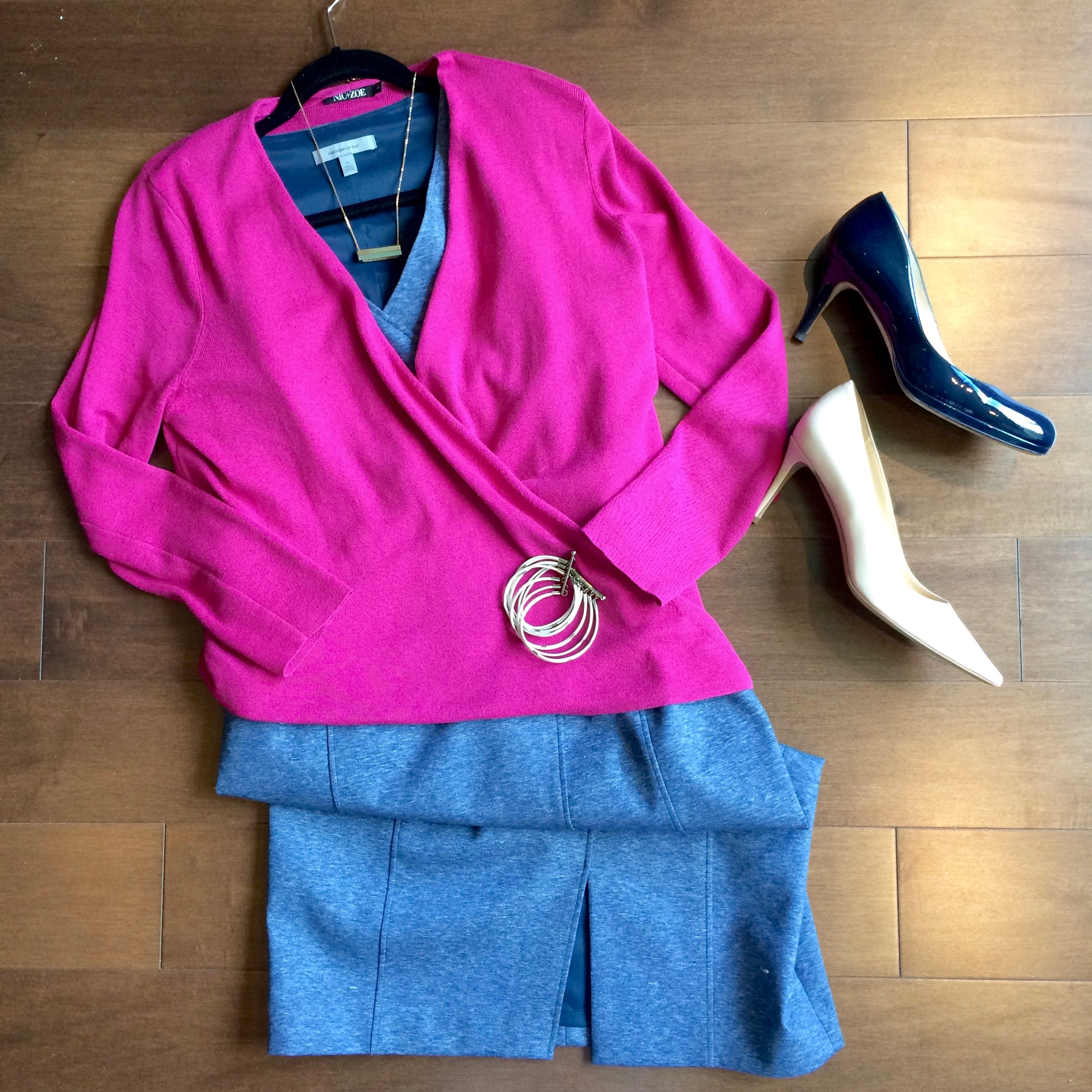 The same client (as above) has occasional dressier days at work - so I again grabbed the fuchsia cardigan, and paired it with an indigo dress. She can take this outfit from workday to dinner with clients, without missing a beat.