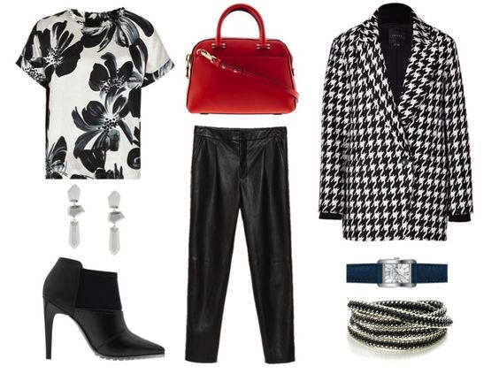 I created this look for a previous blog post about how to make florals feel modern. This example combines the boldness of black and white with the sweetness of a floral print, and with the edge of (faux) leather pants and sleek accessories.