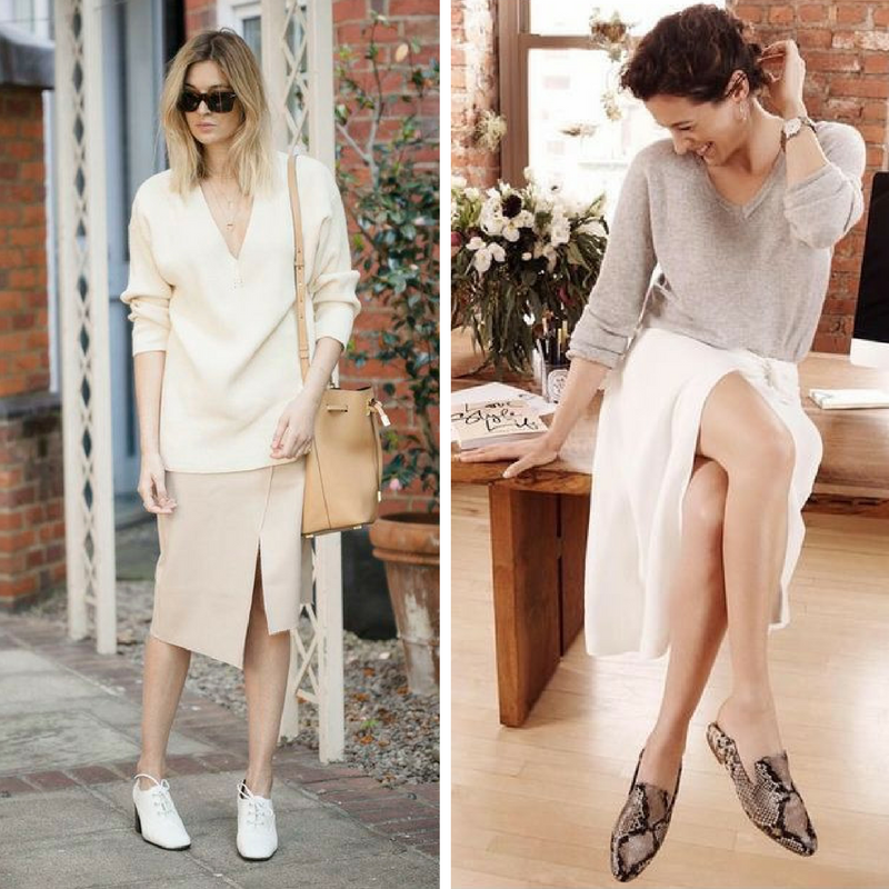 I love how these two outfits are feminine on the surface, but play with 'borrowed from the boys' style, if you look a little deeper. Slit skirts contrast with oversize sweaters and flats that are rooted in menswear - all in a soft palette that belies the power of the looks.