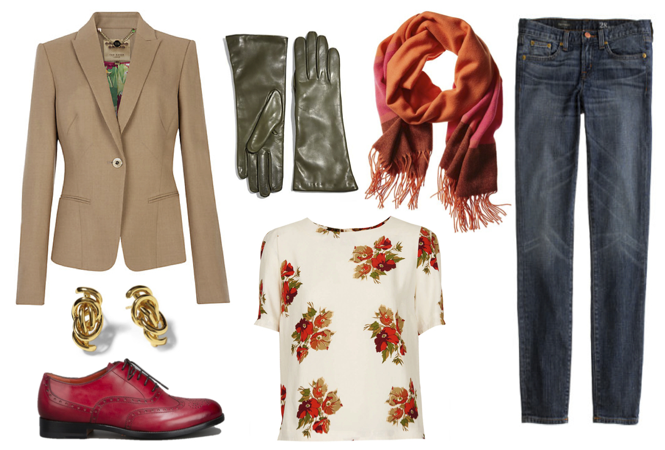 I created this outfit ( previously on the blog ) to demonstrate how menswear has influenced women's style. It's based in almost all traditional male silhouettes - the only things that give a nod to women's fashion are the floral print, the cut of the blazer - and perhaps the green gloves?