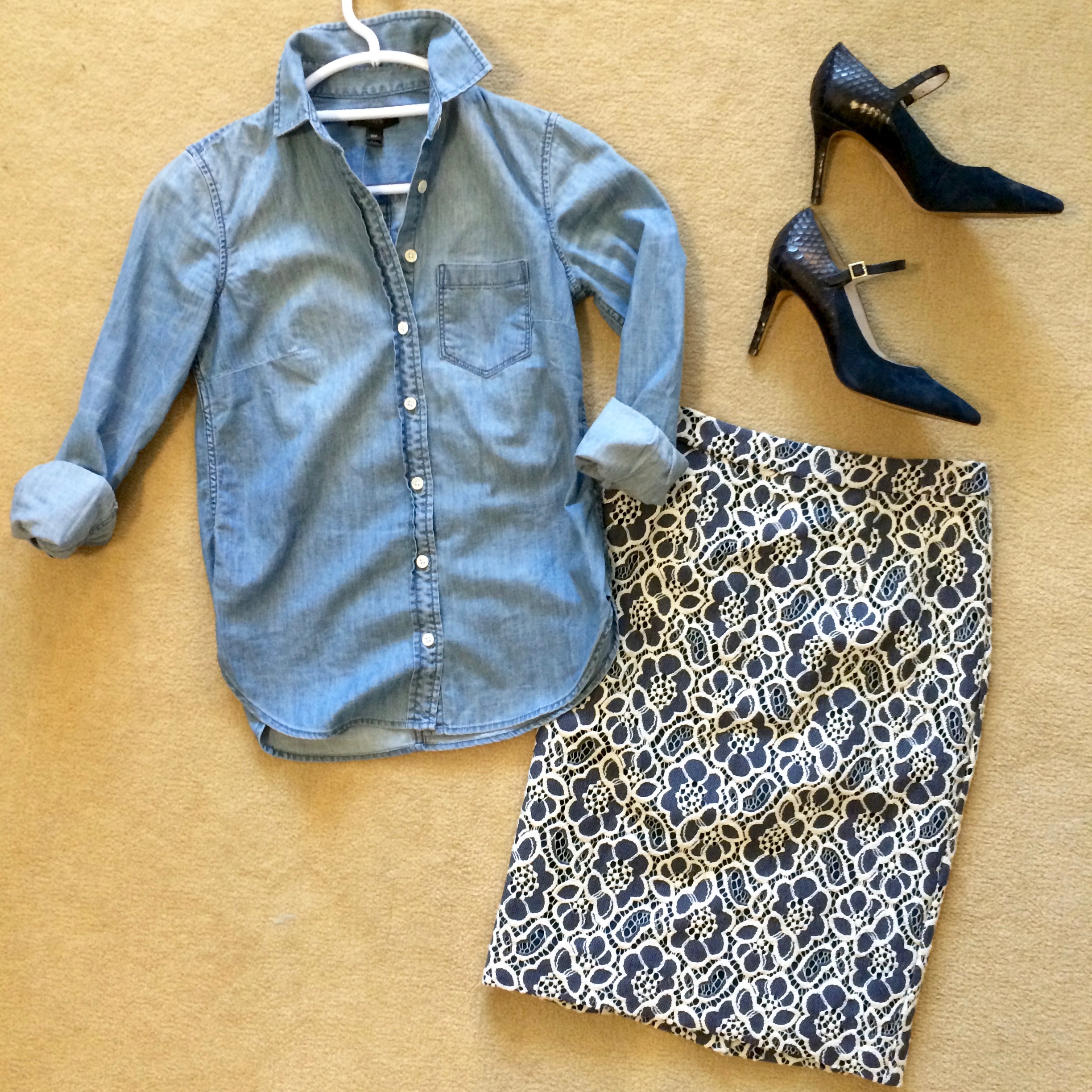 I LOVE this lace pencil skirt/chambray shirt combo I created for my client . It's masculine vs. feminine, lace vs, denim, sexy vs. utilitarian - delicious!