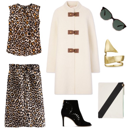 Leopard top and skirt by J. Crew. Ivory sweater-coat and suede booties by Tory Burch. Cream and black clutch by Clare Vivier. Gold cuff by Alexis Bittar. Sunglasses by Warby Parker.
