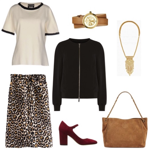 Crewneck sweater by Boutique Moschino. Black bomber jacket by Karen Millen. Suede stacked heel mary janes by Via Spiga. Suede tote and double-wrap watch by Tory Burch. Gold pendant necklace by Stella & Dot.