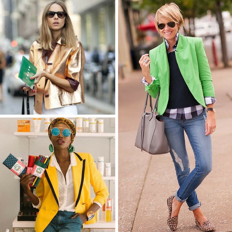 Color and shine add pizazz to simply cut blazers, shifting them from smart to special. Photos from Popsugar , Seersucker + Saddles , Finding Paola
