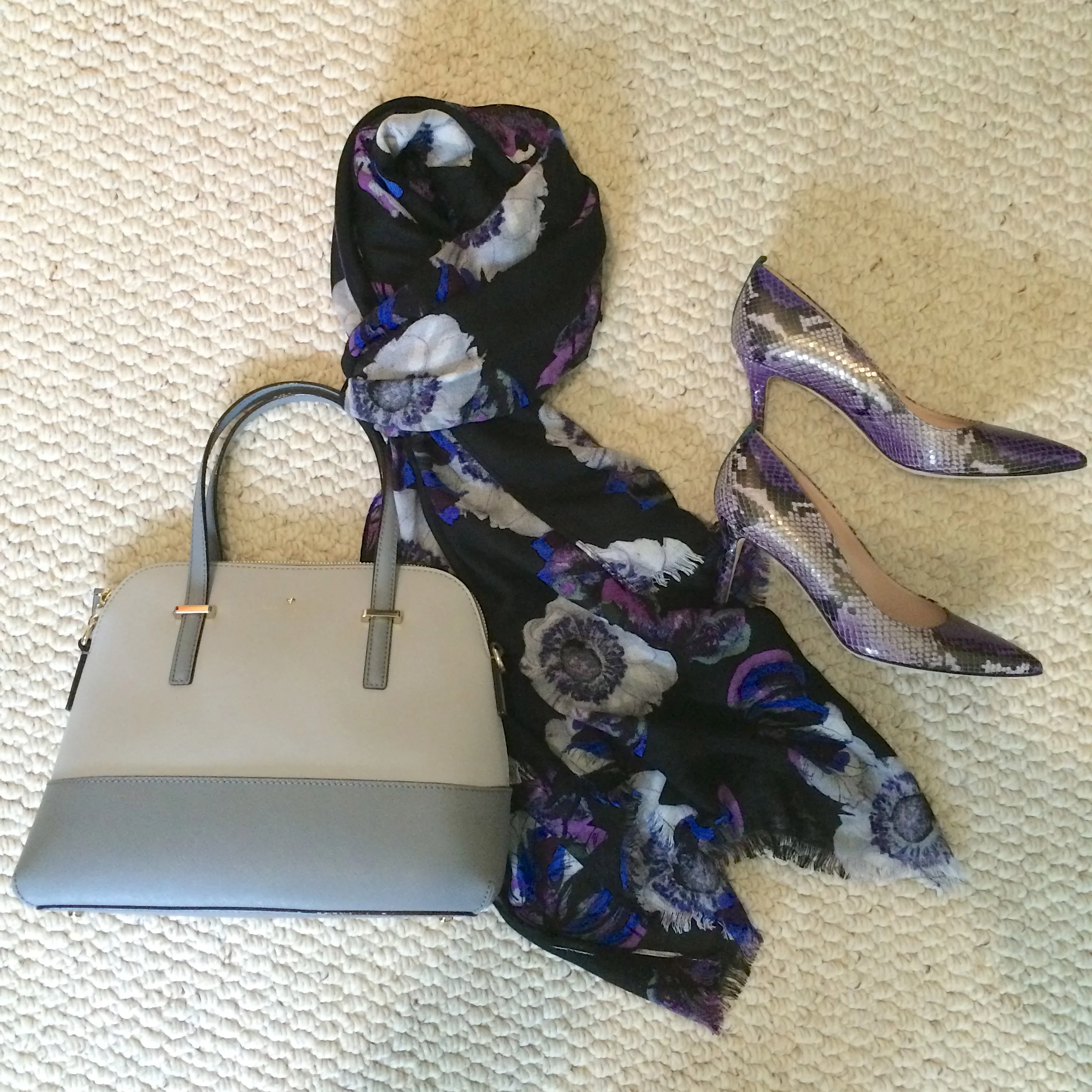 floral scarf snake heels color block bag.jpeg