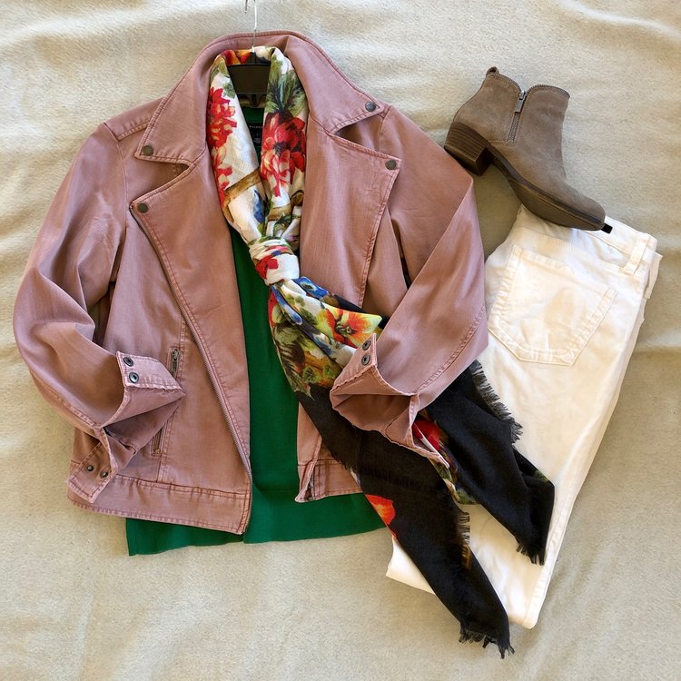 A ‘blueprint’ scarf gives you all the permission you need to pair a salmon pink jacket with a kelly green sweater. Add white cords and it’s an unexpected winter look!