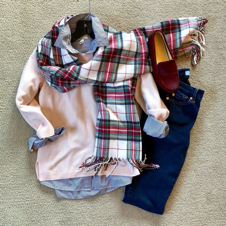 Plaid and stripes partner with blush and burgundy for a layered winter look. Just add a wool coat and you’re ready to brave the cold!