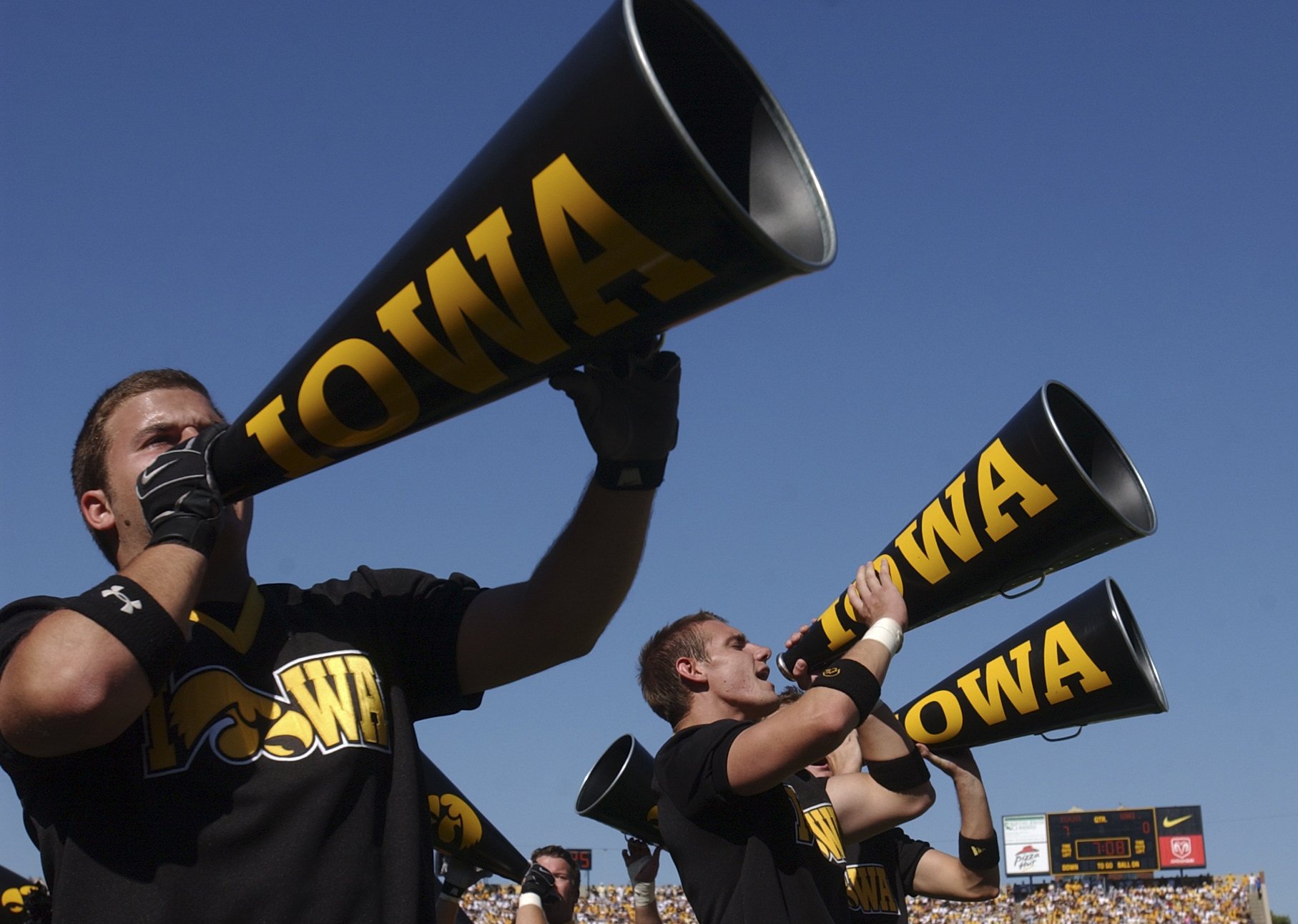  Cheerleaders for the Hawkeyes rally the crowd at a home game in Iowa City. 