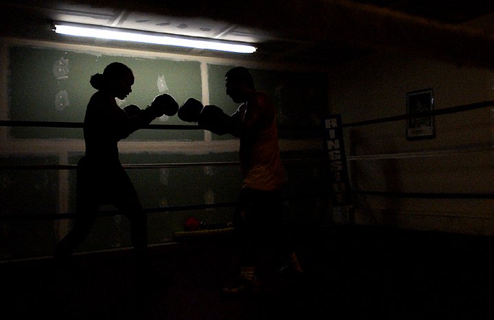  Valanna McGee spars with Josh Wilson, her husband’s cousin, Monday, July 5th, 2004, in preparation for her bout Thursday night at ARCO Arena. 